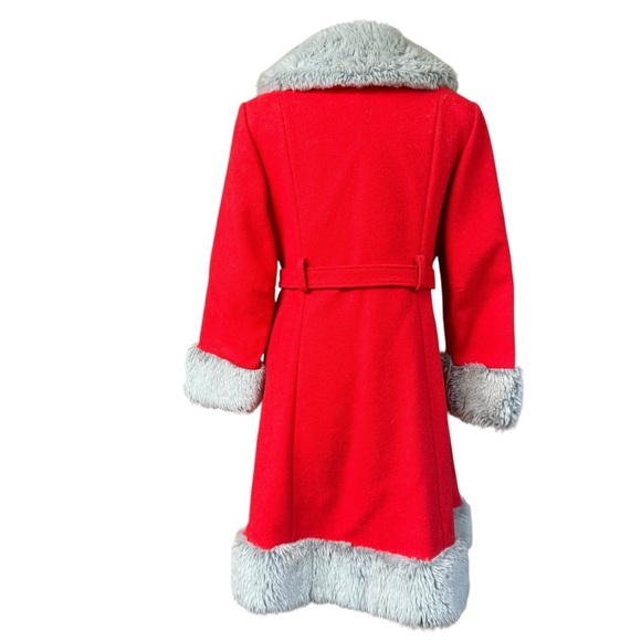 VTG 70s Coat Long Red Belted Faux Fur collar and bottom Juniors Sz 13 Holiday - Picture 4 of 10